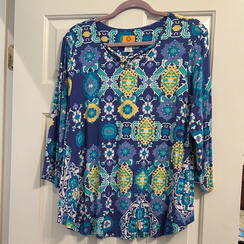 Ruby Rd. Blue and Green Geometric Blouse